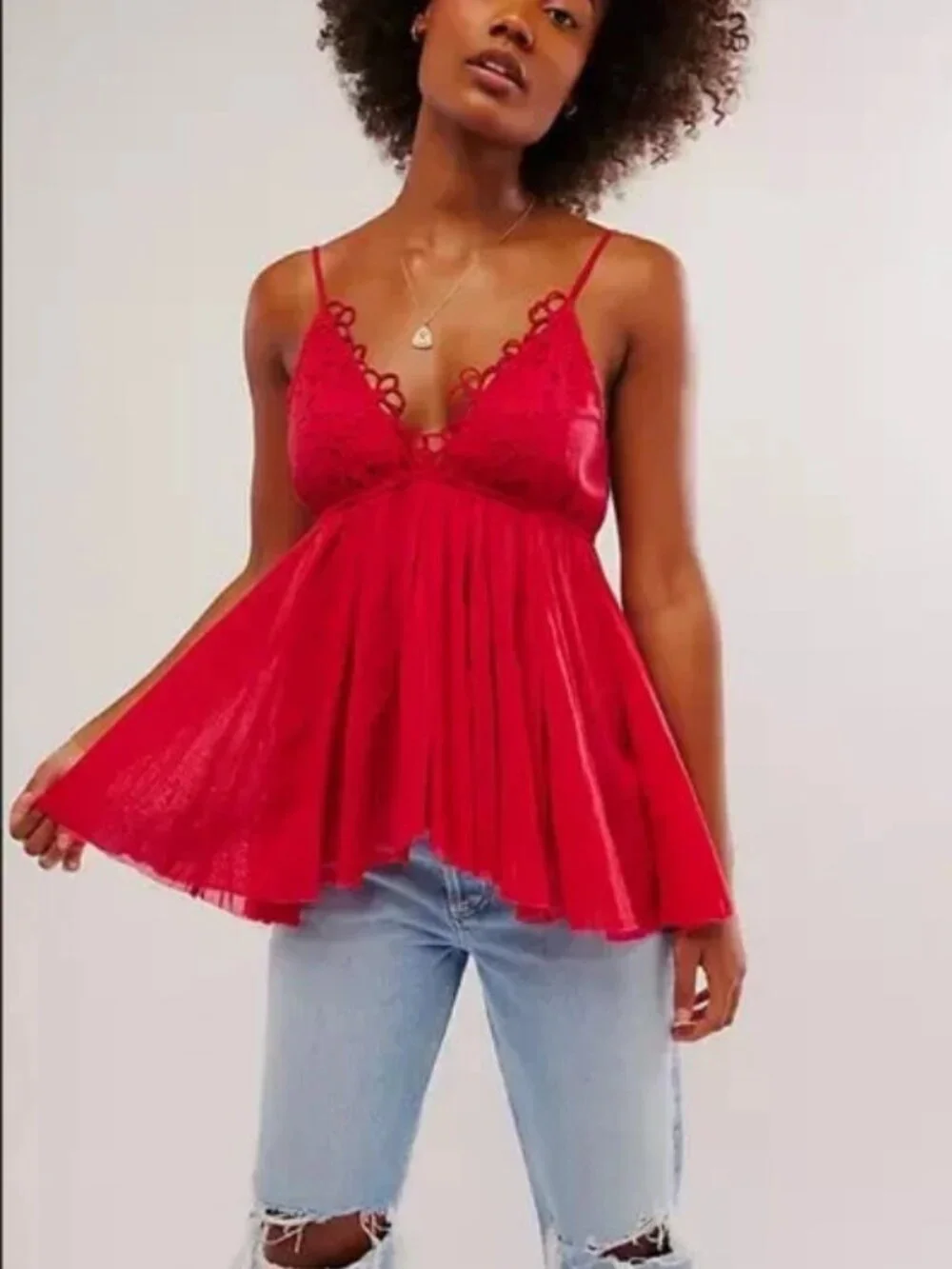 Free People FP One Casella Tunic Cherry Red Embroidered V Neck Strap Top M